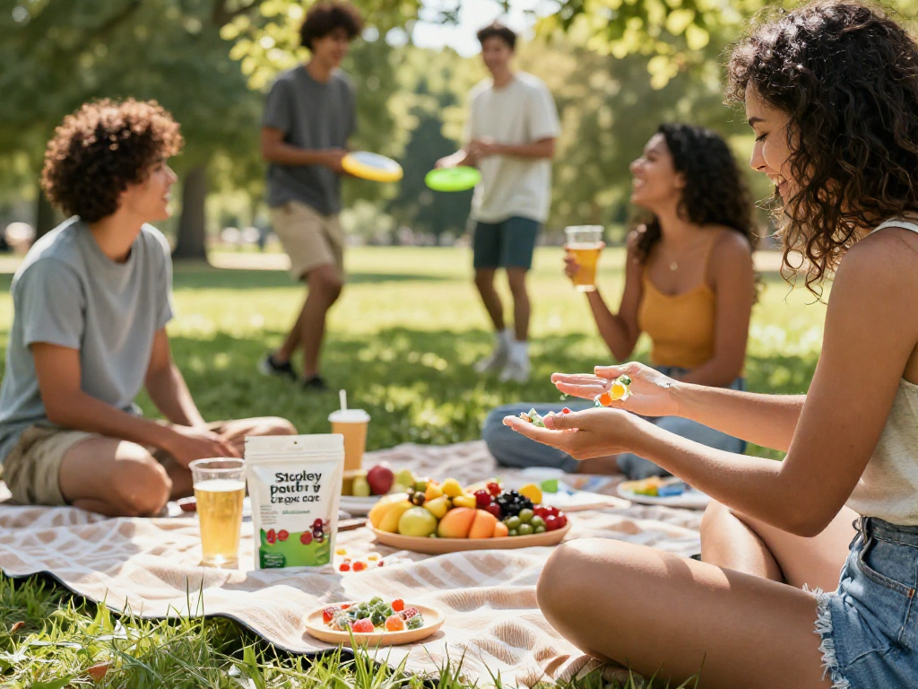 Stoney Patch gummies enjoyed at a picnic with CBD oil, fresh fruits, and friends, showcasing natural wellness.