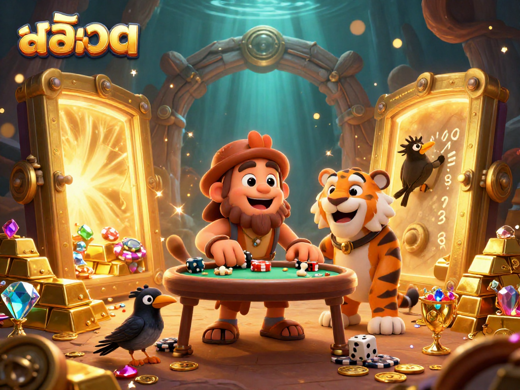 Experience thrilling สล็อต gameplay with a prehistoric casino scene featuring cavemen and treasures.
