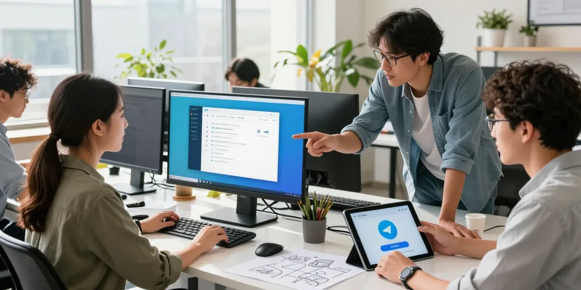 Collaborative workspace showcasing Telegram Download on multiple devices, highlighting professional teamwork and innovation.