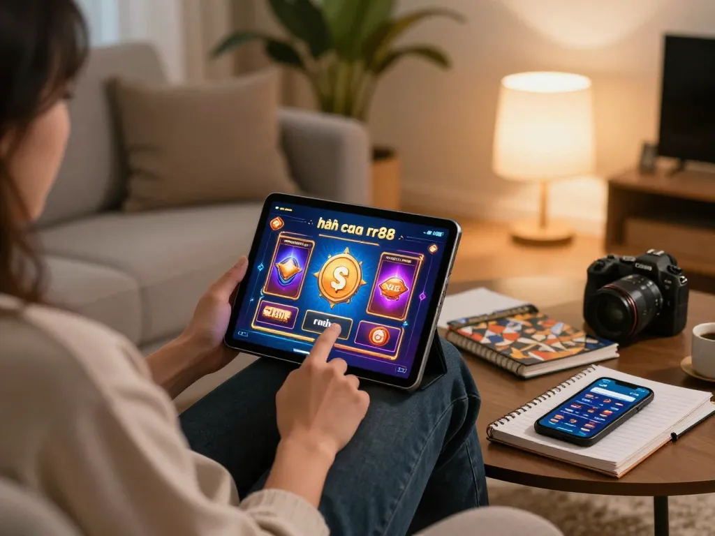 Engaging online gaming moment at nhà cái rr88, showcasing vibrant tablet gameplay in a stylish setting.