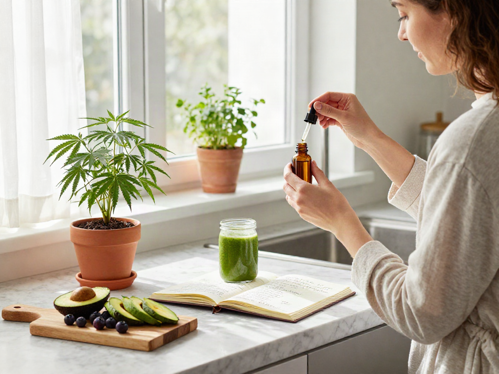 Buy weed Canada with premium CBD oil tincture and fresh hemp plant in serene kitchen.