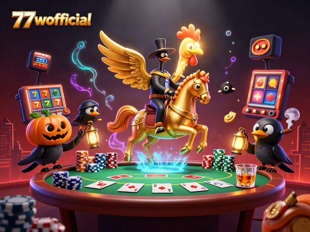 Join the thrill at 77wofficial with a vibrant casino scene featuring unique characters and gaming elements.