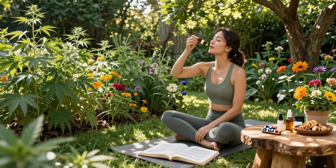 Ministry of Cannabis CBD oil tincture used during a natural wellness routine in a lush garden setting.
