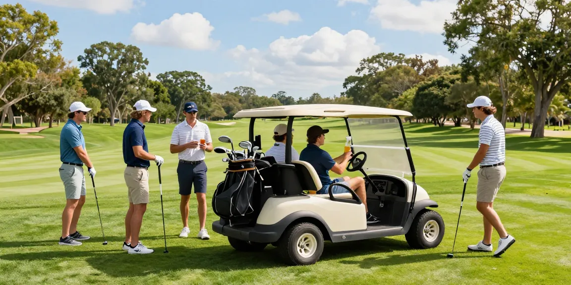 Friends enjoying a day at the golf course with a street legal golf cart, showcasing leisure and camaraderie in a vibrant outdoor setting.