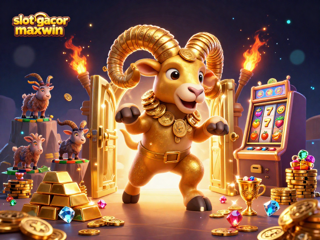 Permainan slot gacor maxwin dengan domba emas besar di depan pintu harta karun yang terbuka.