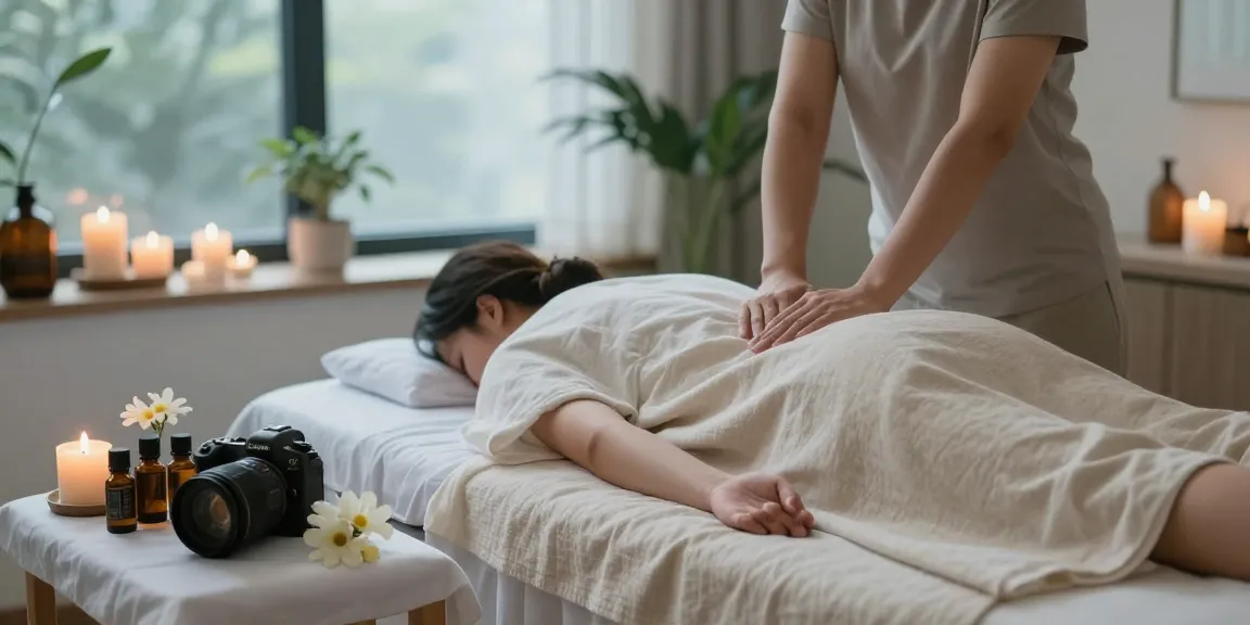 Relaxation area for 마사지 therapy with candles and natural light
