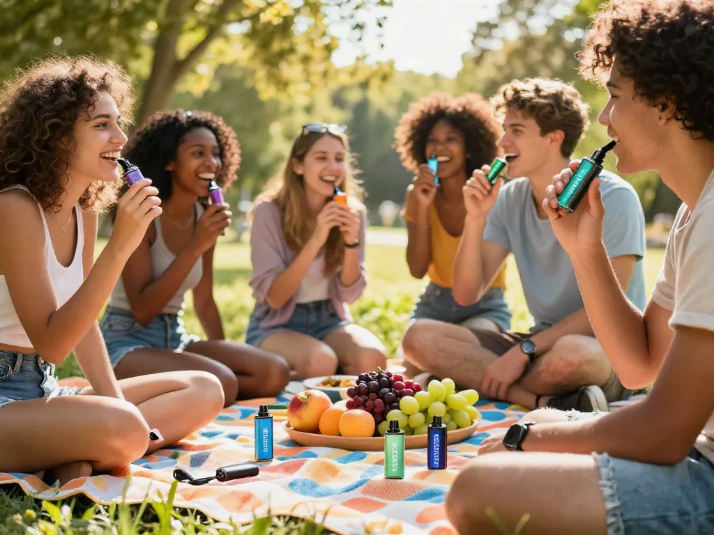 Friends enjoying Hitz infinity Gen 7 disposable vapes at a sunny picnic.