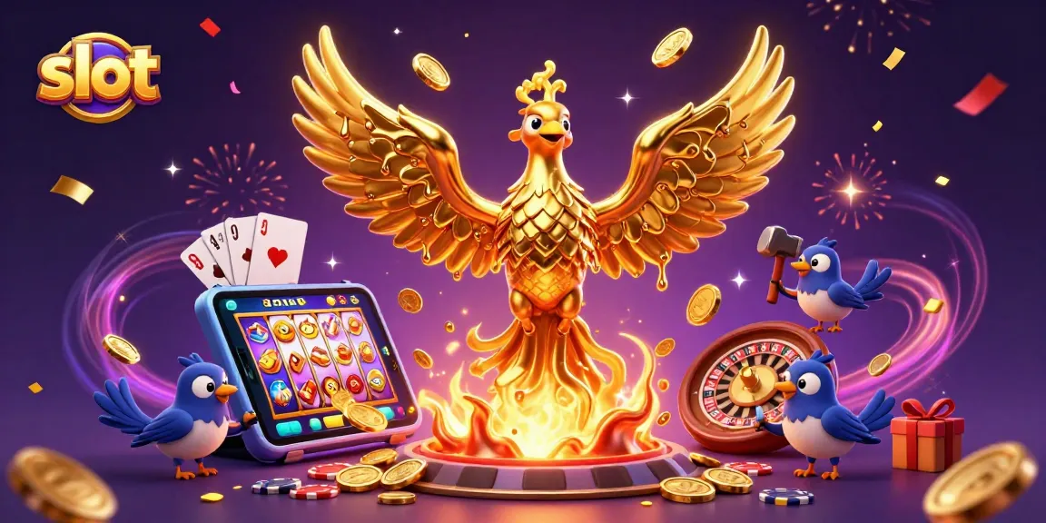 Experience thrilling slots with a golden phoenix emerging as coins rain down in this dynamic casino illustration.