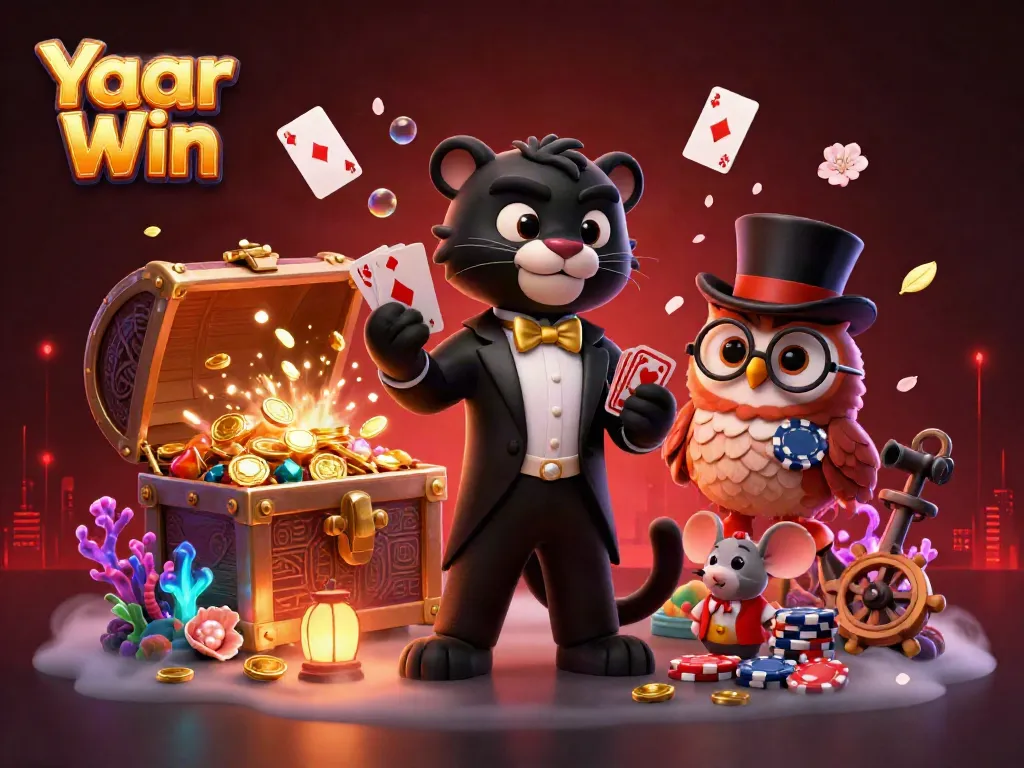 Experience Yaar Win with a stylish black panther dealer, owl with poker chips, and lucky mouse in a vibrant 3D casino scene.