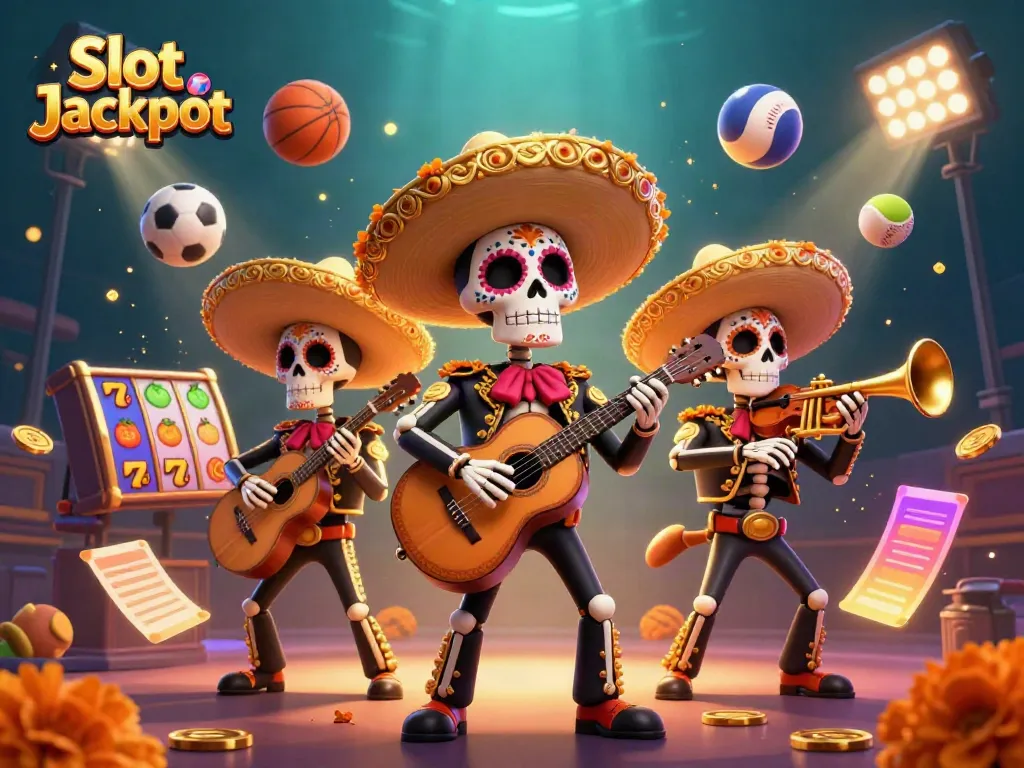 Visualisasi Slot Jackpot dengan karakter kartun Mariachi di kasino, penuh warna dan elemen ceria.