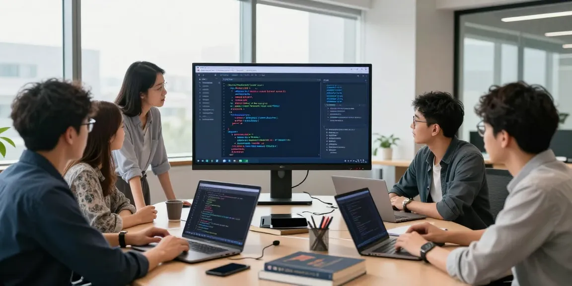 Team of developers discussing 纸飞机中文版 app in a modern office.