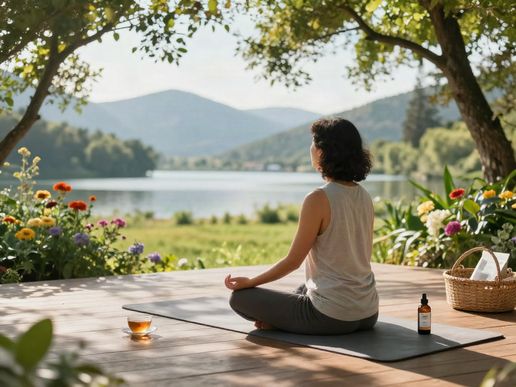 Outdoor yoga scene featuring CBD oil and natural wellness elements, portraying an online dispensary that ships to all states.