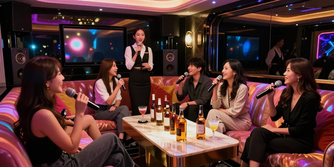 Experience the vibrant atmosphere of 강남 가라오케 with friends enjoying luxury karaoke in a private room.