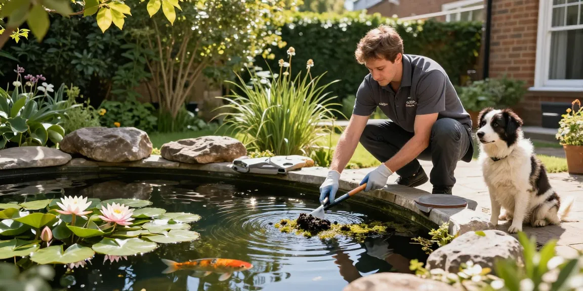 Pond Clean London: Professional cleaning service refreshing a koi pond in a vibrant London garden.