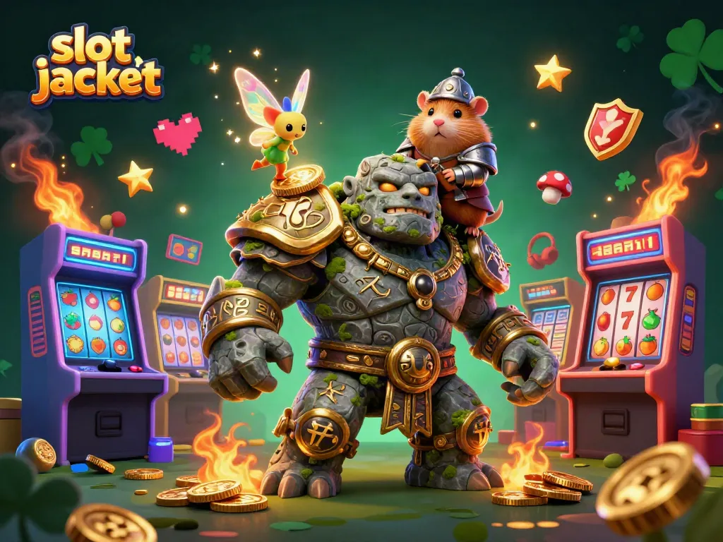 Experience the excitement of slot jackpot with a magical scene featuring a golem, fairy, and hamster knight.
