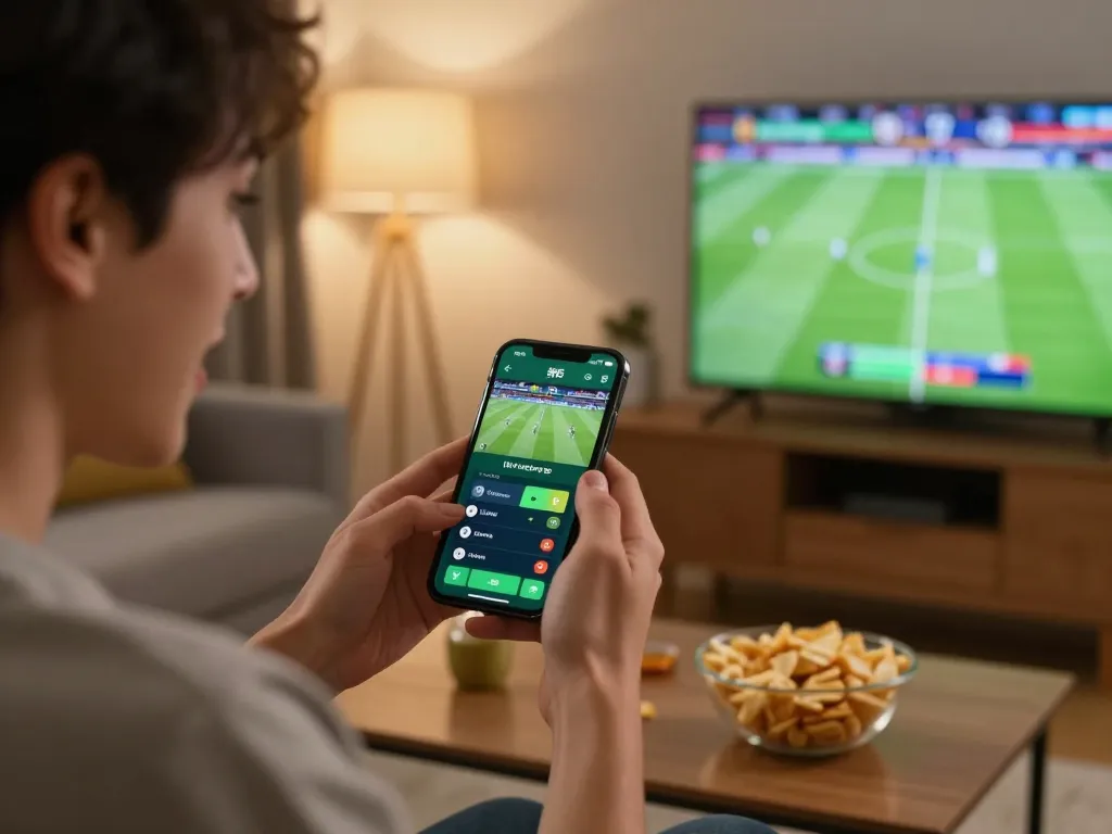 Person engaged in live betting on USBET app during a football game, showcasing excitement and modern gaming setup.