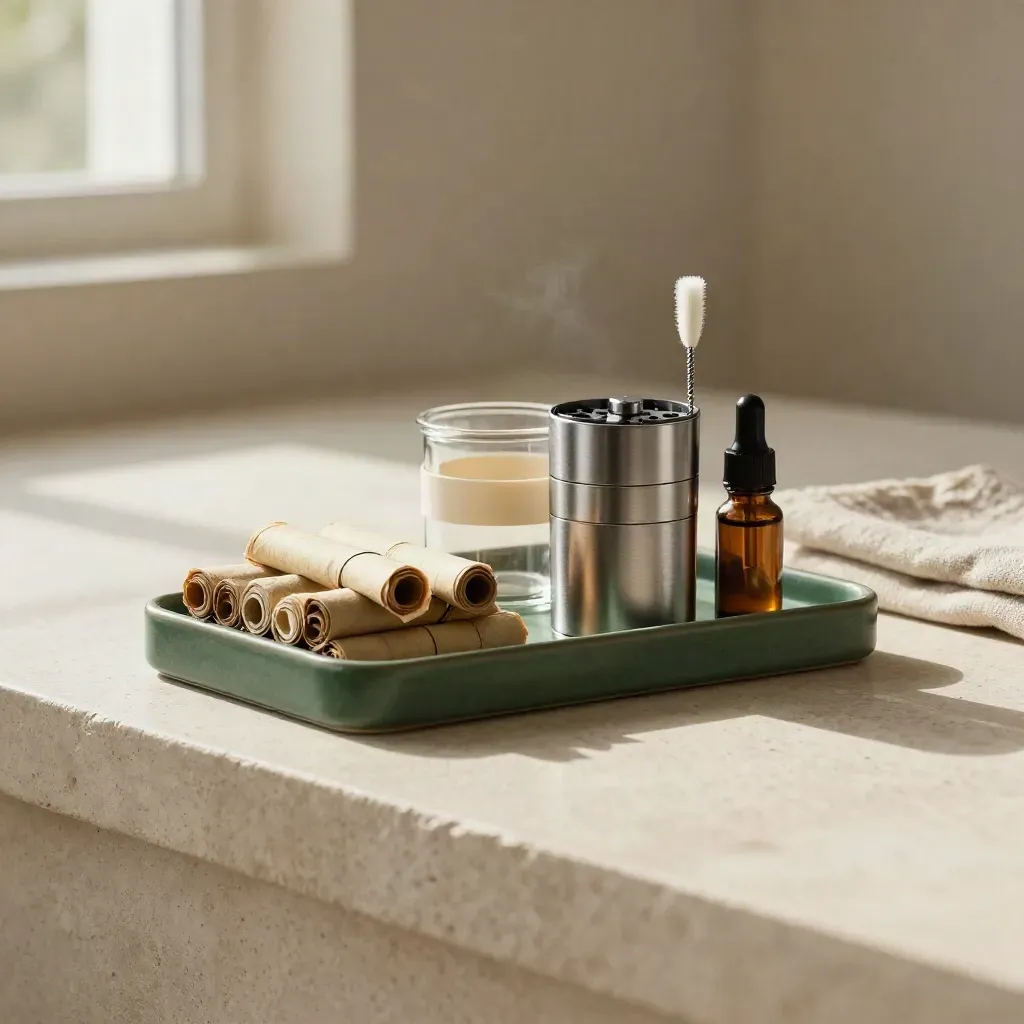 Starter cannabis care bundle on a pale stone ledge with grinder, papers, jar, brush and dropper bottle