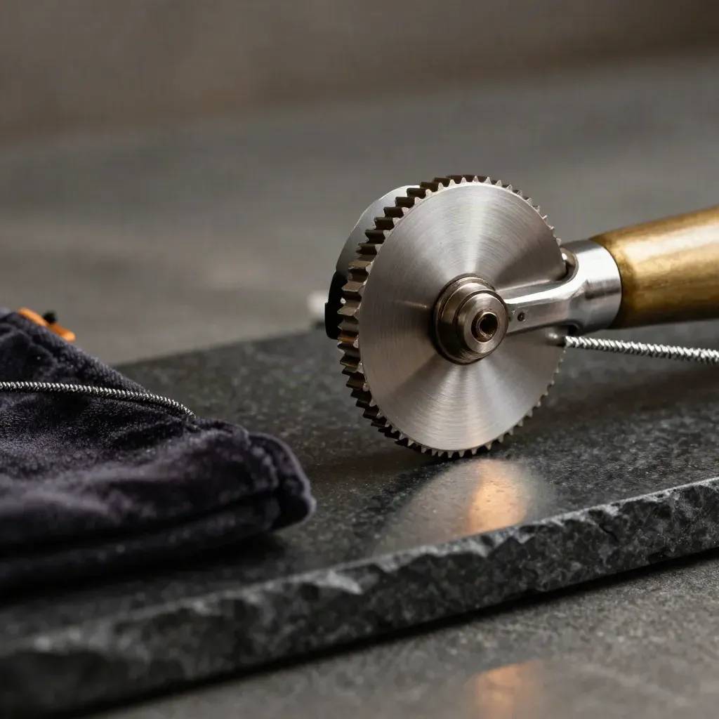 Aluminum two-piece grinder mid-rotation with brush and velvet pouch on a dark studio surface.