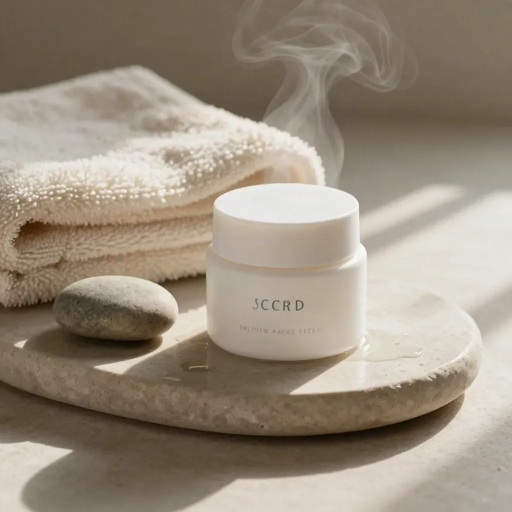 Matte white CBD face cream jar with towel, pebble and dish on humid bathroom stone.