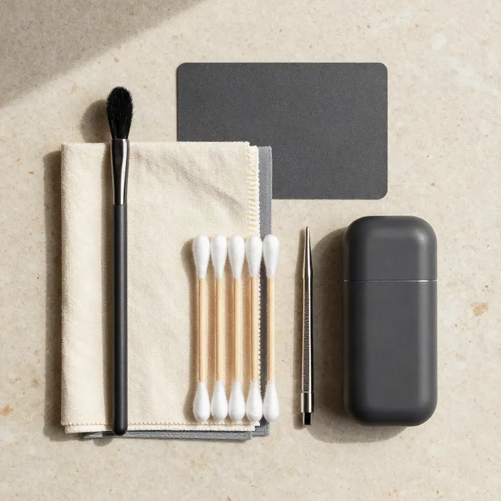 Overhead vape cleaning kit flatlay with brush, cloths, swabs and tool on pale travertine.