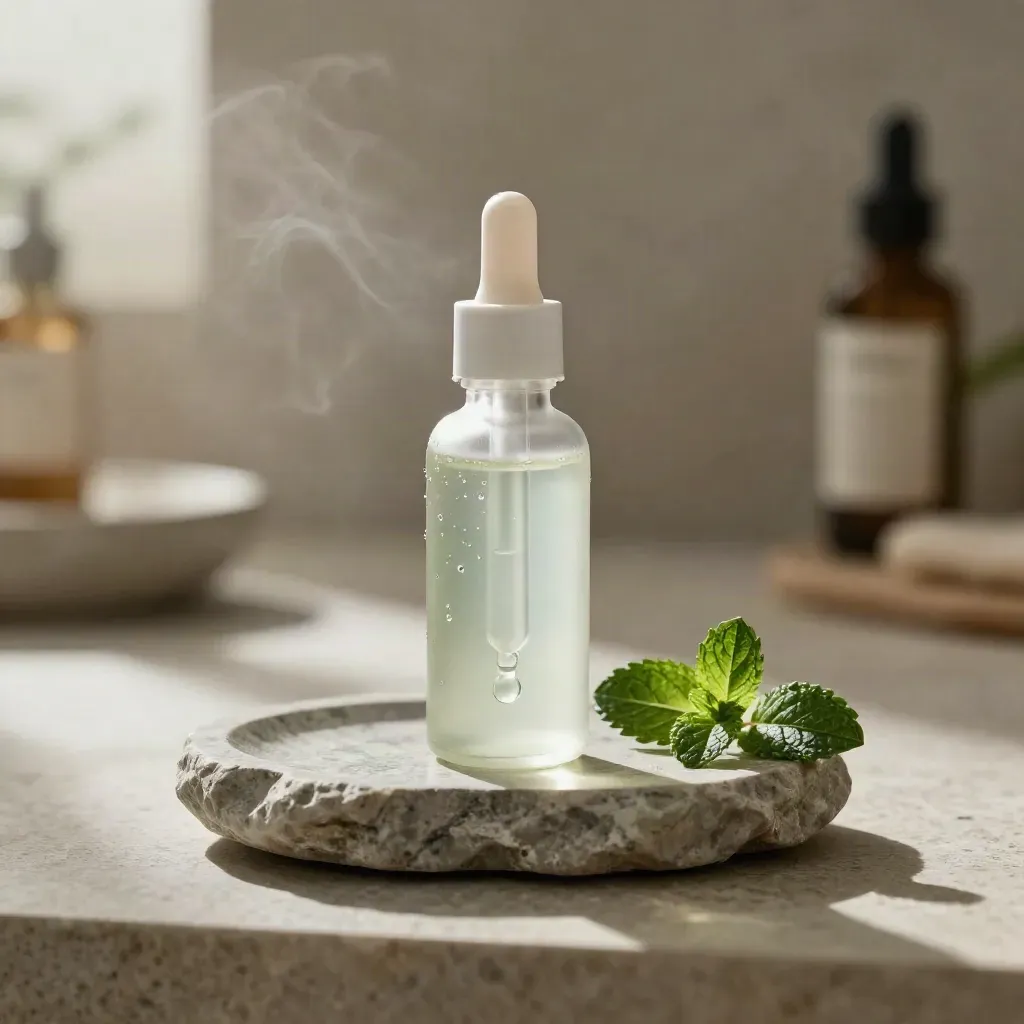 Clear mint CBD tincture bottle with dropper, stone dish, and mint sprig in soft daylight.