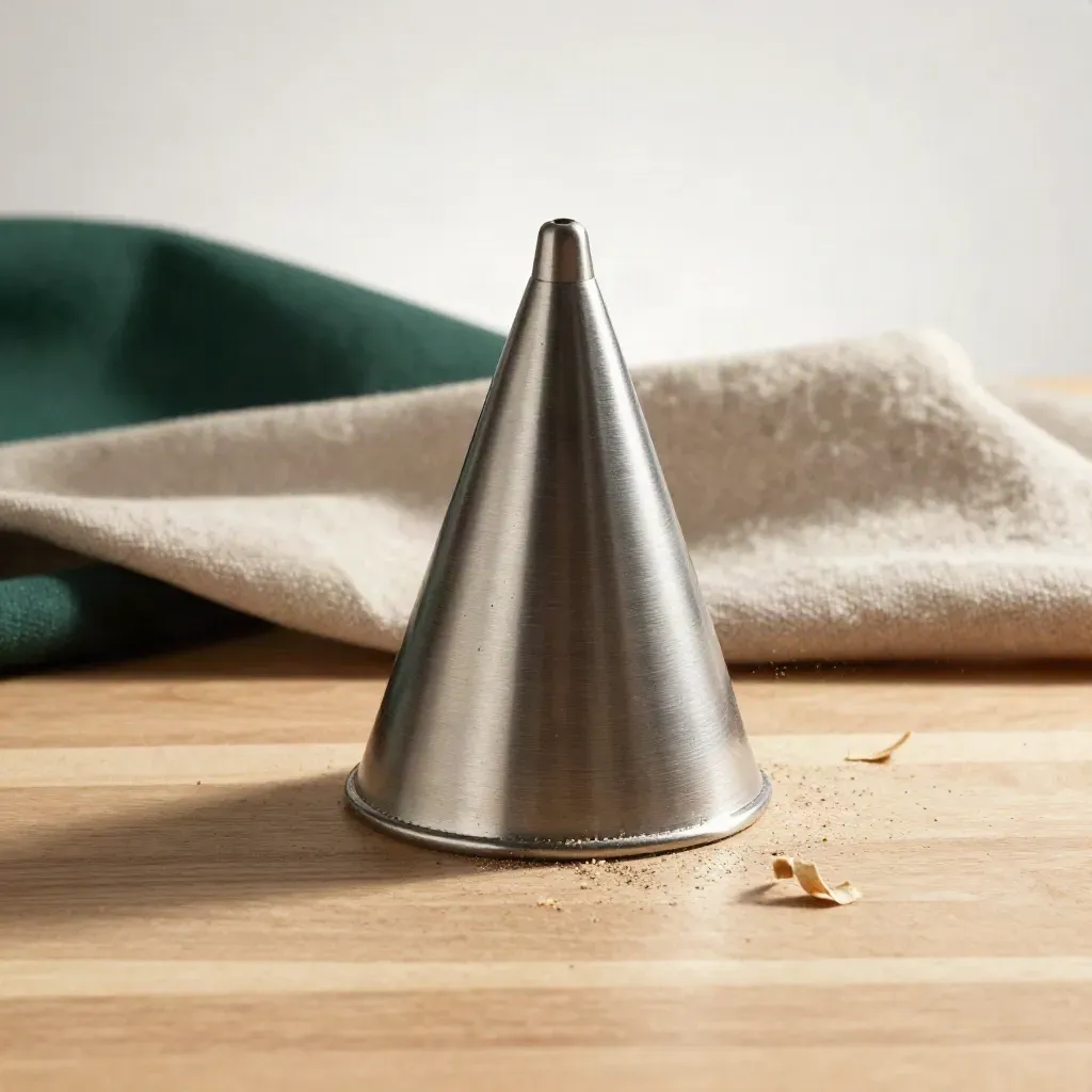 Metal cone loader tool with cone case and hemp scraps on linen, lit with raking light.