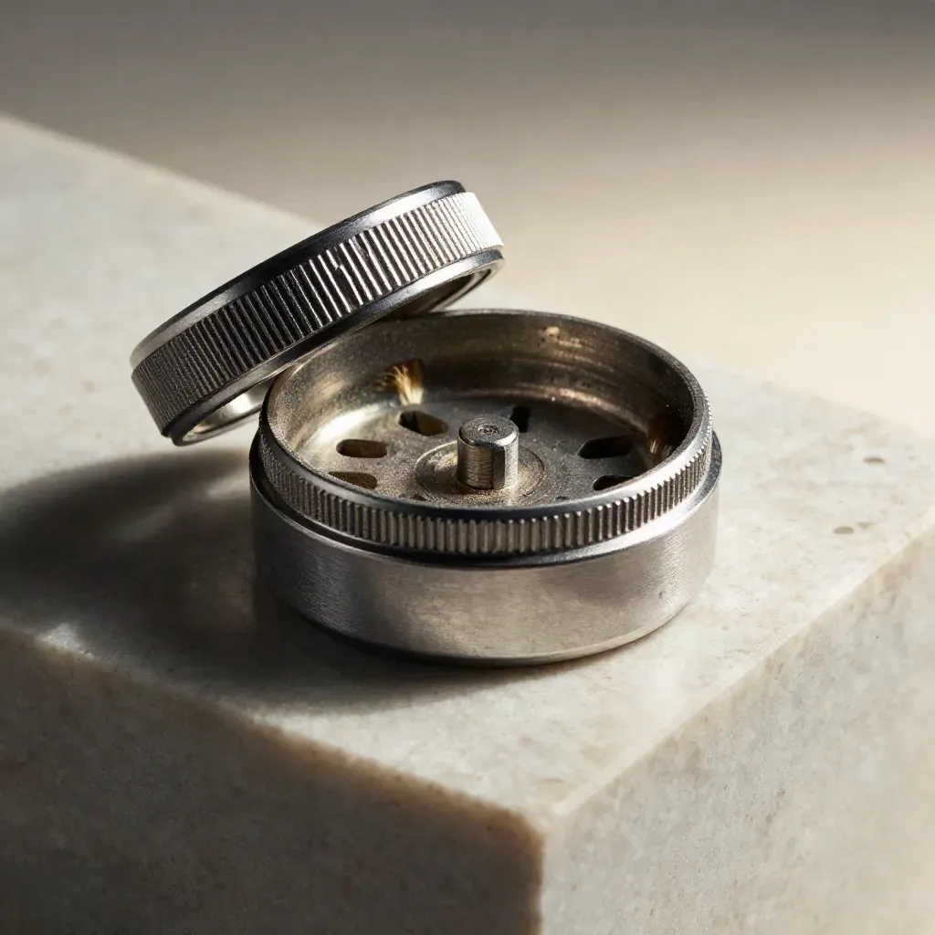 Open mini aluminum herb grinder with brush on travertine, lit by raking light and metallic dust.