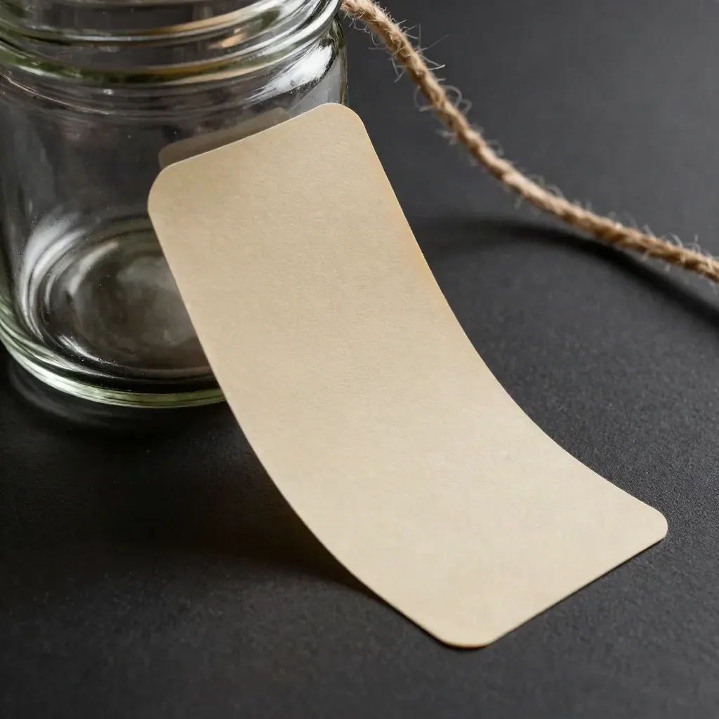 Blank mason jar labels lifting beside a clear jar and twine on a dark studio surface.