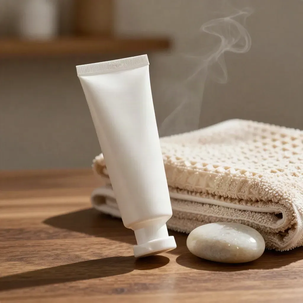 CBD hand balm tube with towel and stone on warm wood, soft spa steam