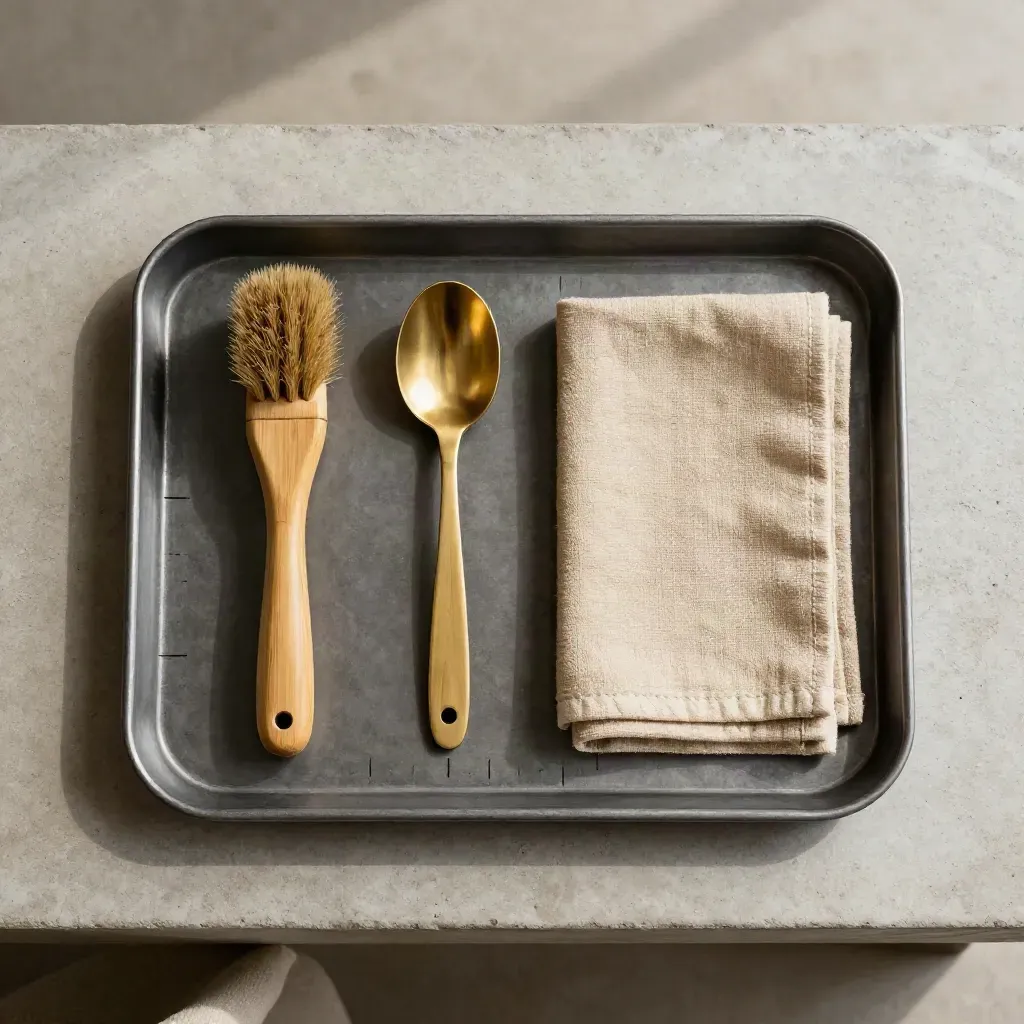 Overhead tray set with brush, scoop and cloth on pale concrete