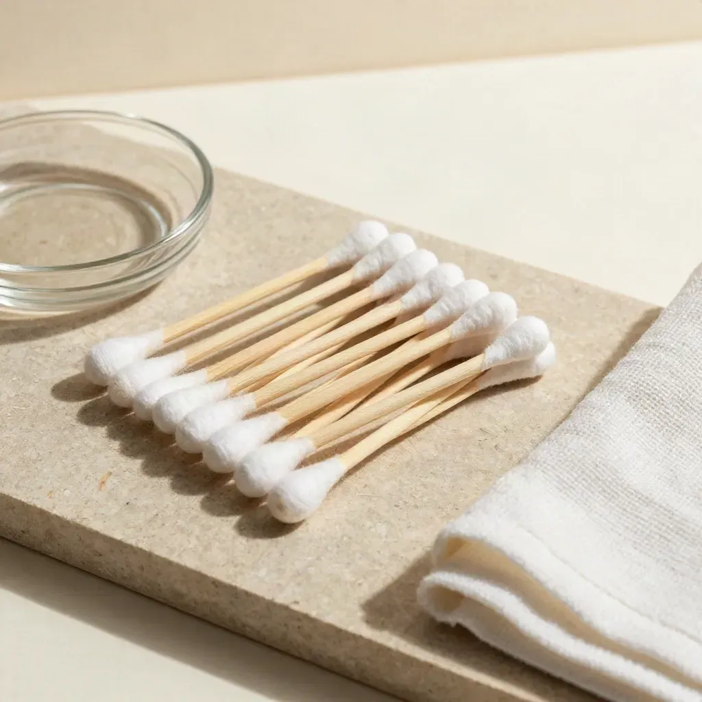 Overhead fan of hemp cotton swabs beside a glass dish and folded towel on warm stone.