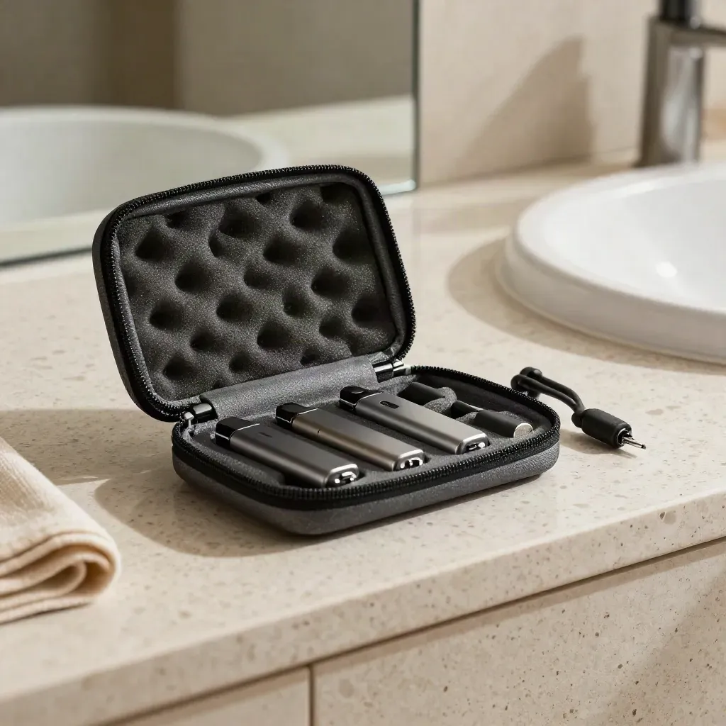 Semi-open charcoal vape battery case with two slim pens and a charging cable on travertine.