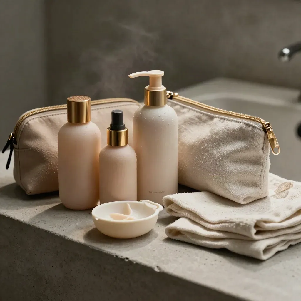 Mini skincare travel kit with bottles, pouch, soap dish and folded linen on concrete, gold accents