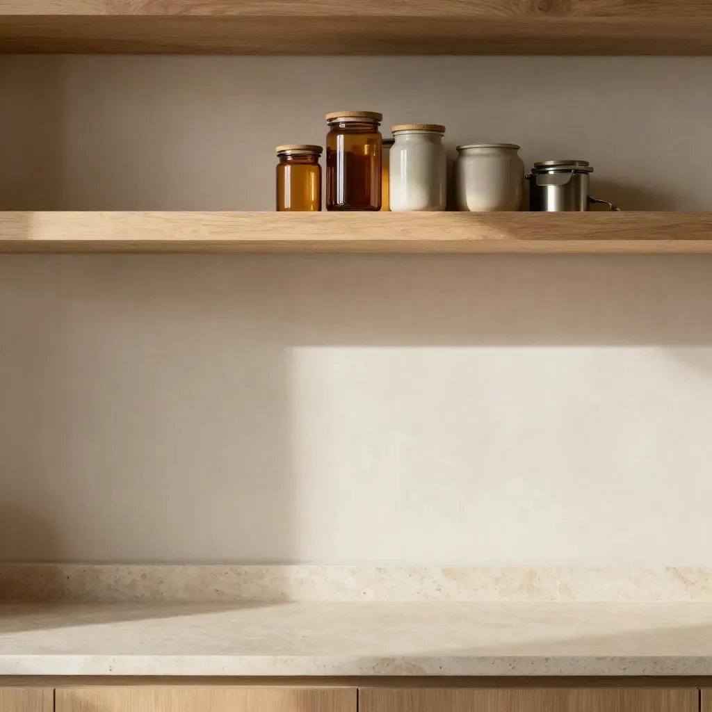 Pantry alcove with amber storage jars on pale oak shelves above travertine, sunlit and calm