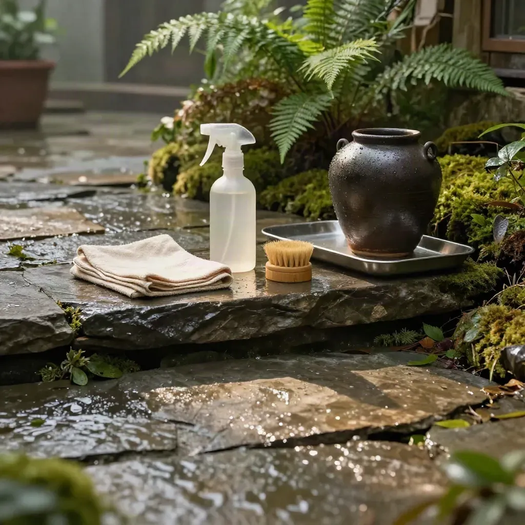Rain-washed slate courtyard with moss, ferns, and cleaning kit tools in soft mist.