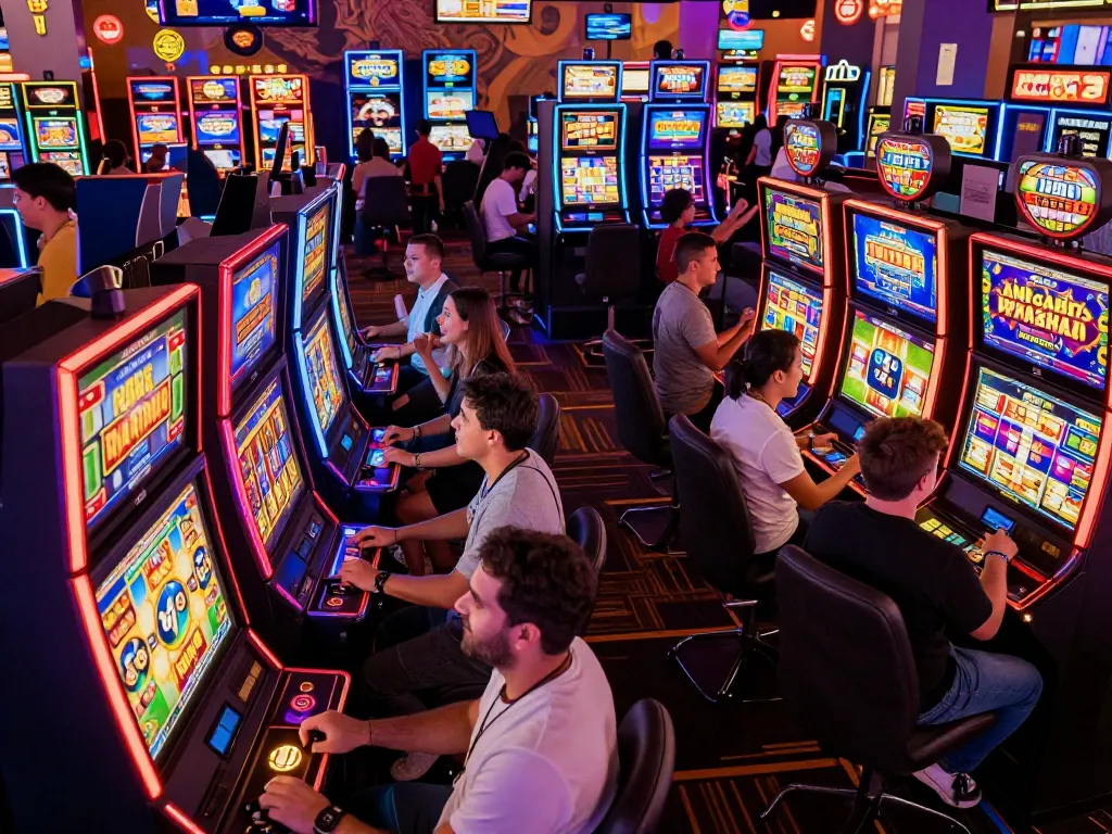 Experience the excitement of slot 10k machines with vibrant gaming lights and engaged players.