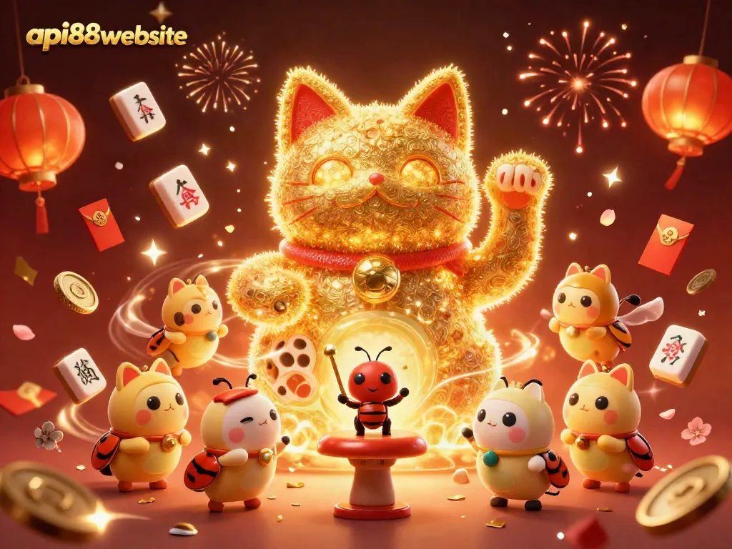 Join the excitement at api88website with a golden lucky cat and festive casino symbols.