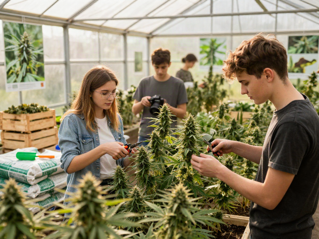 Young farmers cultivating Lublin Weed in a vibrant greenhouse environment.