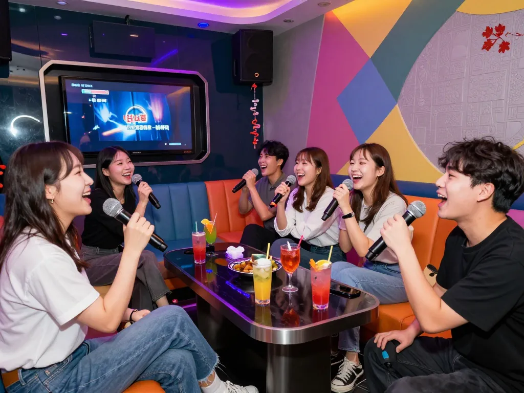 Vibrant karaoke lounge experience showcasing the nightlife culture at www.3no.org with friends enjoying cocktails and singing in colorful surroundings.