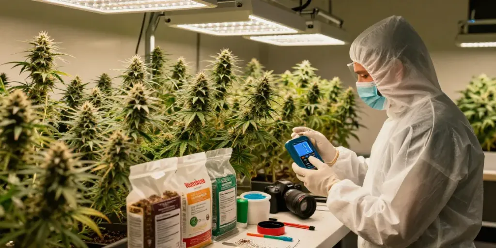 Autoflower Samen kaufen: Fachmann pflegt gesunde THC-Pflanzen in professionellem Anbauraum.