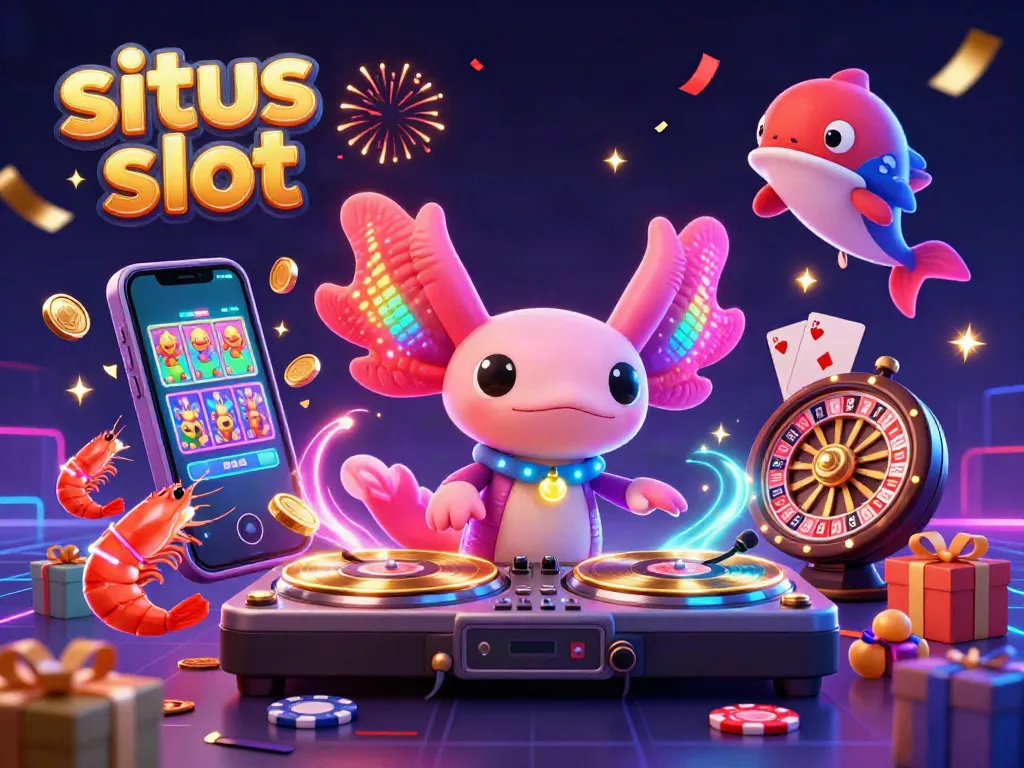 Menghasilkan kemenangan dalam permainan situs slot dengan ilustrasi 3D axolotl dan karakter meriah.