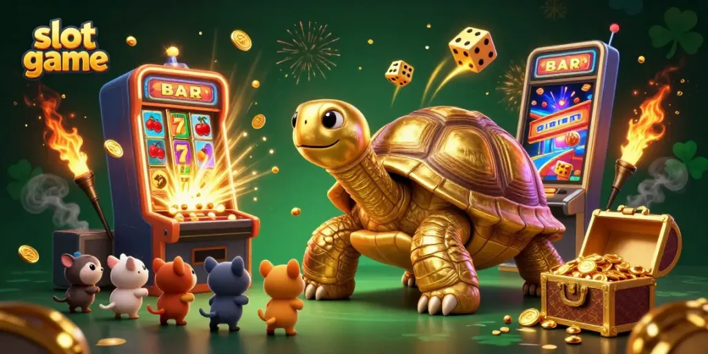 Engage with thrilling slot game action featuring a tortoise pinball machine and exciting jackpots.