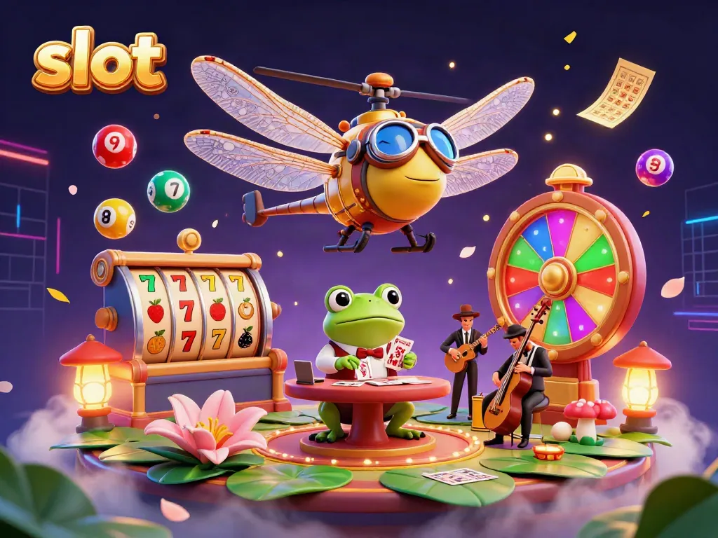 Engage with vibrant slot machines and a captivating casino scene featuring a playful dragonfly pilot amidst a financial spectacle.