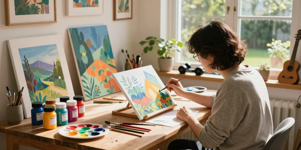 Individual painting a colorful paint by number canvas in a bright art studio with natural light.