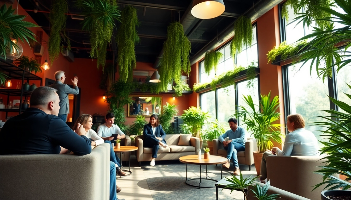 Members enjoying the unique experience at a weed club madrid, featuring a cozy atmosphere and vibrant decor.