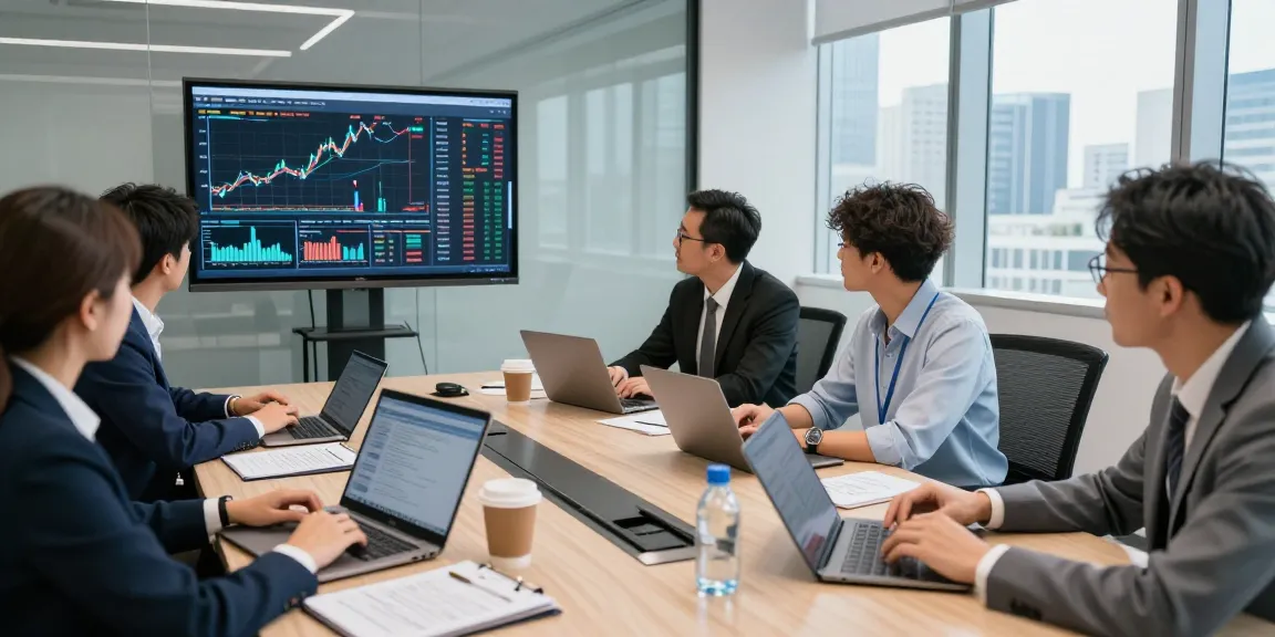 Team analyzing asset tracing data in a modern conference room.