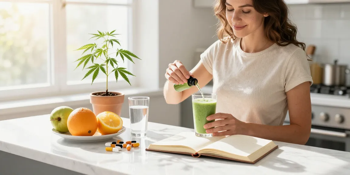 Enjoying CBD edibles in a bright kitchen, featuring hemp oil, wellness journal, organic ingredients, and healthy lifestyle.