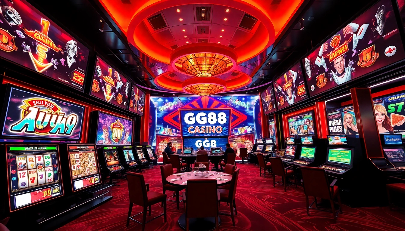 Dynamic online casino scene highlighting Nhà cái GG88 with vibrant gaming interfaces and celebratory avatars.