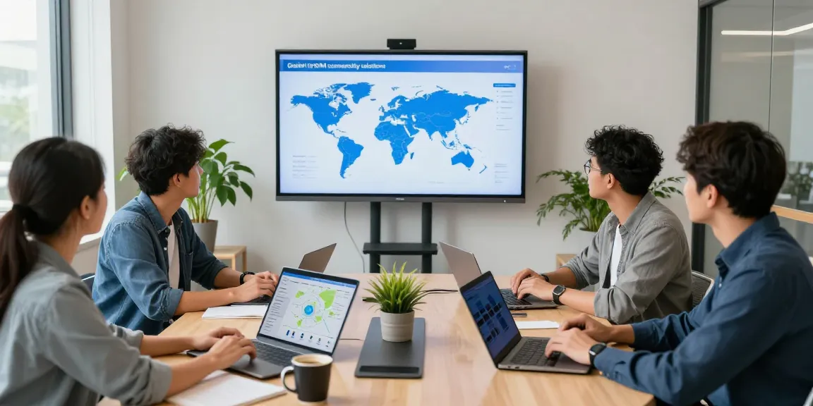 A equipe colaborando em soluções de conectividade eSIM Global em ambiente moderno com apresentações e tecnologia.
