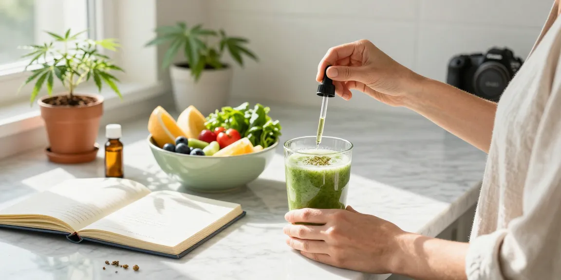 Natural wellness scene with greenhouse THCa flower tincture prominently featured in a vibrant kitchen during smoothie preparation, emphasizing organic ingredients and quality.